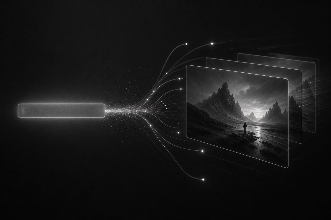 A monochrome prompt input transforming into layered video scene frames through flowing particle streams