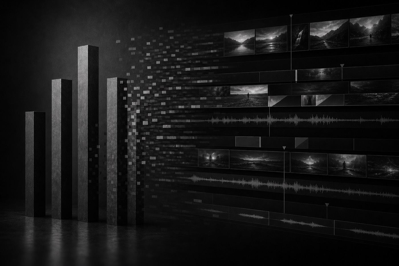 Abstract monochrome comparison columns dissolving into layered video timeline and audio waveforms
