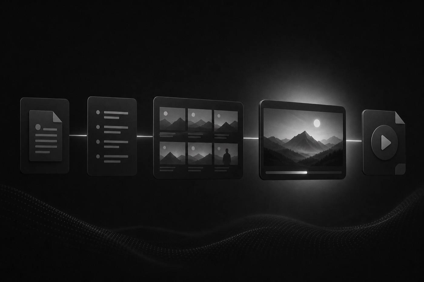 Monochrome production pipeline showing brief, script, storyboard, render, and export stages connected in sequence