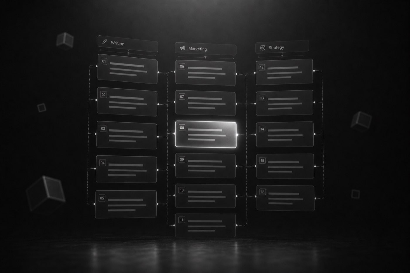 Grid of floating prompt cards in a monochrome prompt library interface