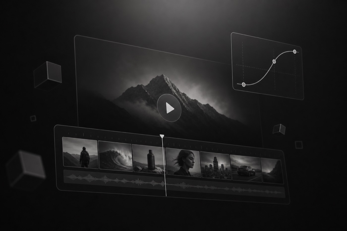 Abstract monochrome video editing timeline with scene thumbnails and a performance curve